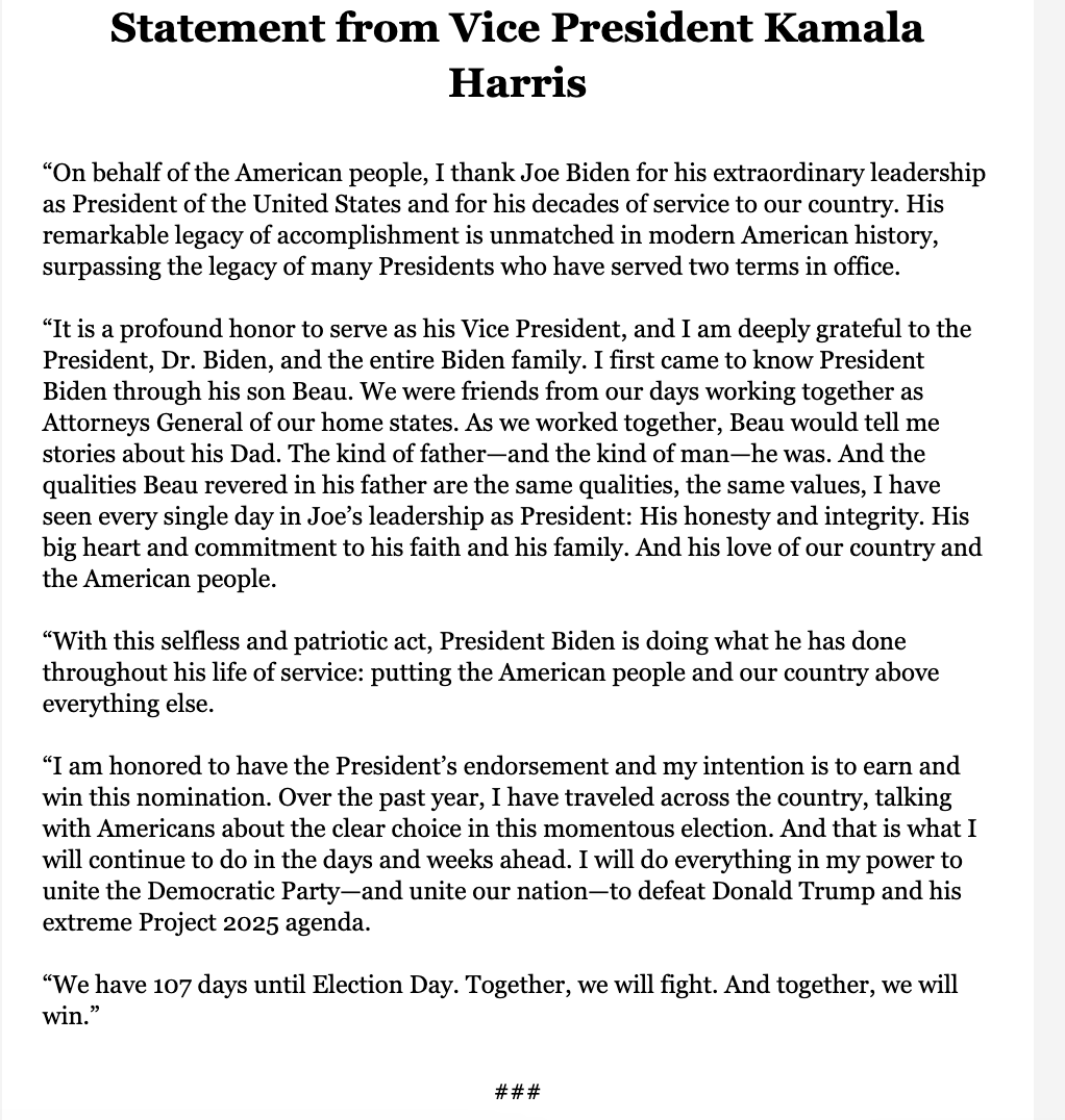 ammarmufasa's tweet photo. NEW from @KamalaHarris >>

“On behalf of the American people, I thank Joe Biden for his extraordinary leadership as POTUS and for his decades of service to our country...

“I am honored to have the President’s endorsement and my intention is to earn and win this nomination." https://t.co/jzRjFmo5I5
