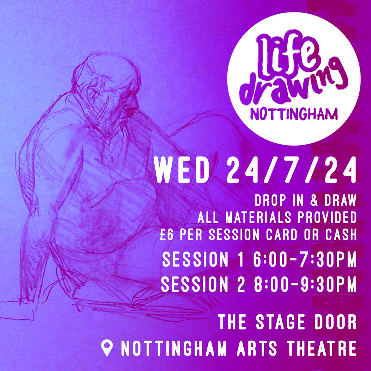 LifeDrawNottm's tweet photo. Come and join us this Wednesday for some life drawing at Nottingham Arts Theatre! We start at 6pm for the tutored session and 8pm for the untutored version. Its £6 per session and all materials are provided - we accept card &amp; cash so you can just drop in and get your art on! https://t.co/dy5hnS3Hs0