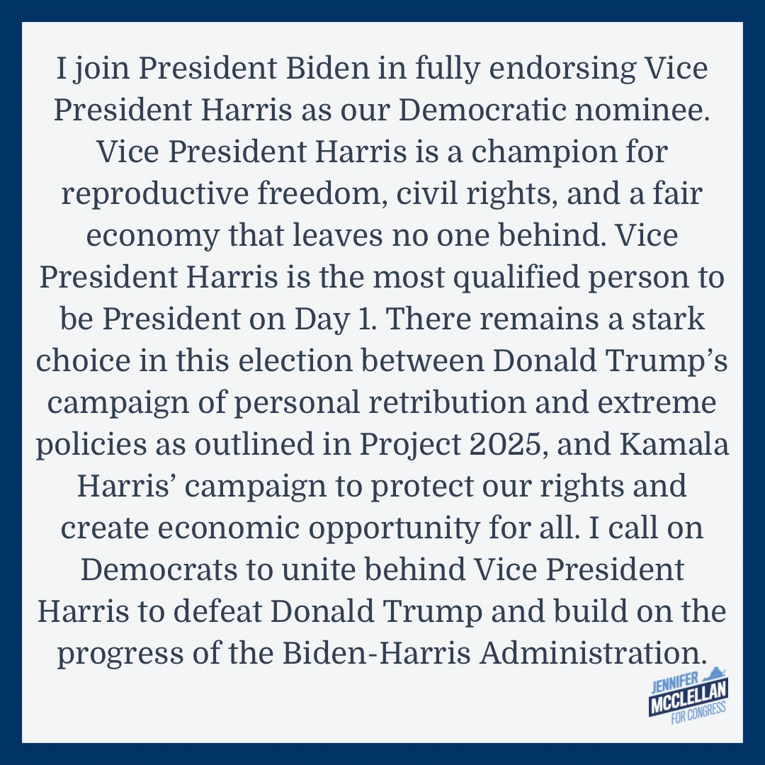 JennMcClellanVA's tweet photo. Thank you, @JoeBiden, for your service to the American people. 

I fully endorse @KamalaHarris as our Democratic nominee. https://t.co/L0r6lOJ82q