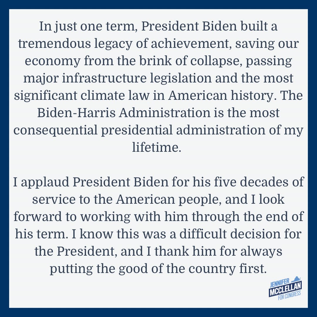 JennMcClellanVA's tweet photo. Thank you, @JoeBiden, for your service to the American people. 

I fully endorse @KamalaHarris as our Democratic nominee. https://t.co/L0r6lOJ82q