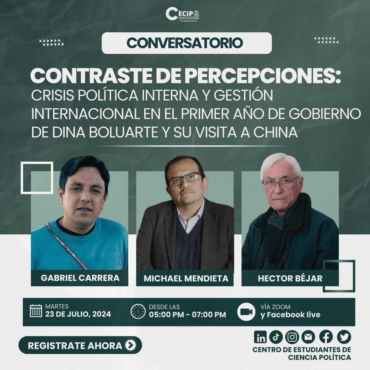 CecipUNMSM's tweet photo. El CECIP lxs invitamos al conversatorio: Contraste de Percepciones: Crisis Política Interna y Gestión Internacional en el Primer Año de Gobierno de Dina Boluarte y su Visita a China.
Donde exploraremos las dinámicas políticas internas y las estrategias de gestión internacional https://t.co/X5sBKlhDVi