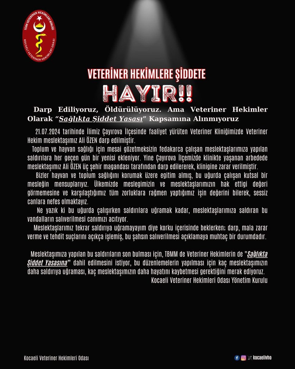 kocaelivho's tweet photo. İlimiz Çayırova ilçesinde  Veteriner Hekim Ali ÖZEN klinikte görev yaptığı esnada üç şehir magandası tarafından darp edilmiştir. 
Yaşadığı insanlık dışı olay sonrasında burnu kırılan meslektaşımıza acil şifalar diler, olayın faillerinin en ağır cezayı almasını temenni ediyoruz. https://t.co/os4eSdERJz