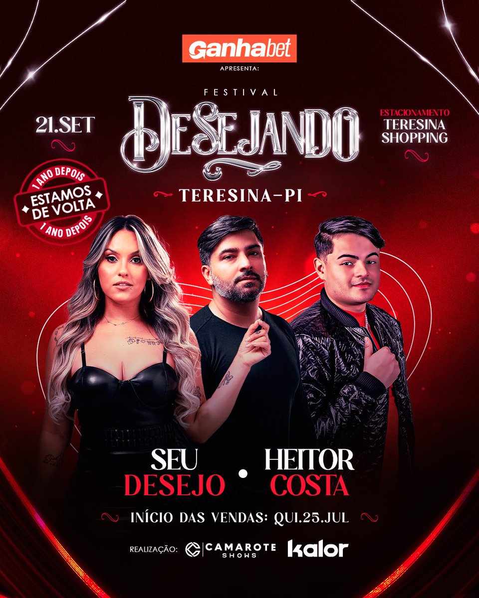 Alexandrelanuse's tweet photo. Depois de 1 ano, chegou a vez do nosso encontro, Teresina! 
Dia 21/09 o @festivaldesejando_teresina chega para juntos, vivermos uma noite inesquecível! 🤩
Preparem-se para curtirmos com @seudesejo e @heitorcostacantor ❤️

🗓️ Início das vendas: 25 de Julho https://t.co/0T2RrEirJa