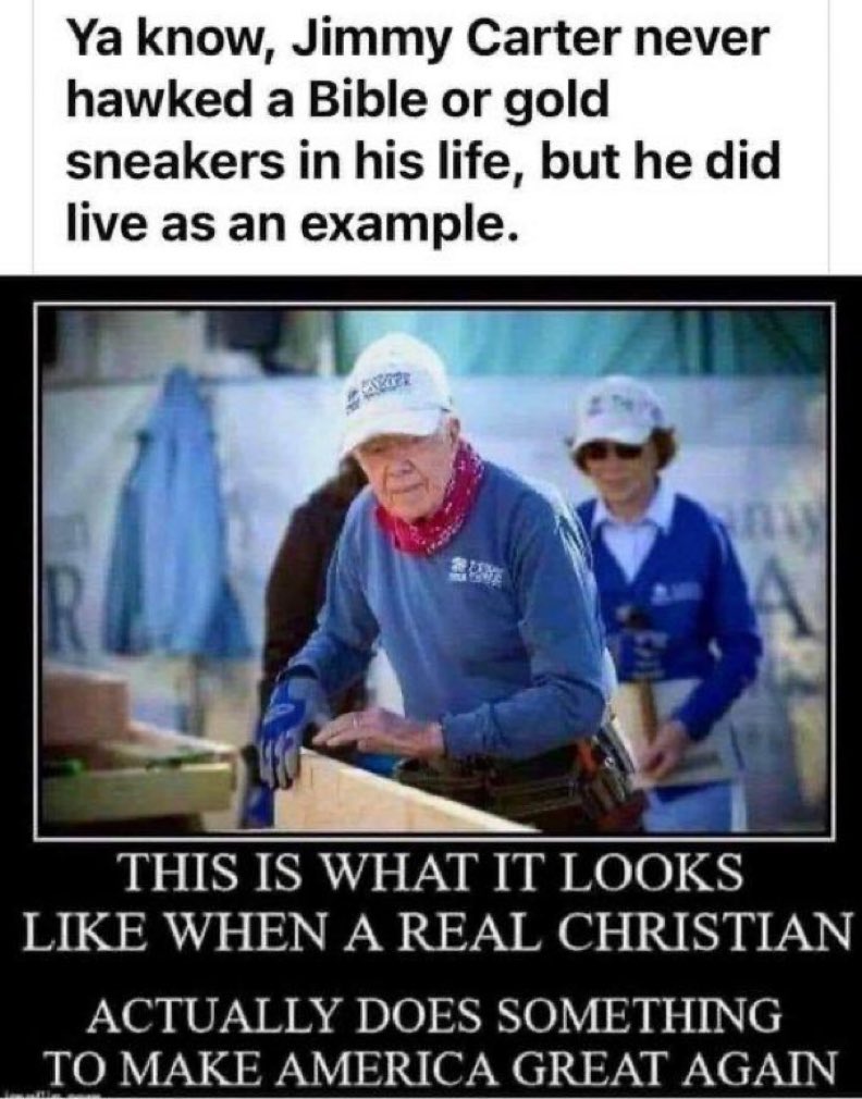 realXanderXjork's tweet photo. Raise your hand if you respect Jimmy Carter as a human being…you have don’t have to like him as President but he’s a great humanitarian. Agreed? https://t.co/sb1U46mZxs