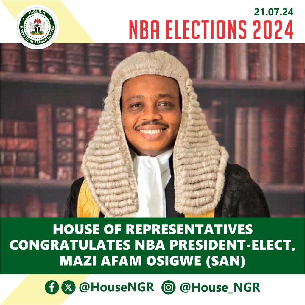 HouseNGR's tweet photo. The House of Representatives extends its heartfelt congratulations to Mazi Afam Josiah Osigwe, SAN, on his election as the President of the Nigerian Bar Association (@NigBarAssoc).
Thread π§΅
#HouseNGR #LawReform #NBAElections #NBAElection2024 #CongratulatoryMessage https://t.co/SM3zSiNgHl