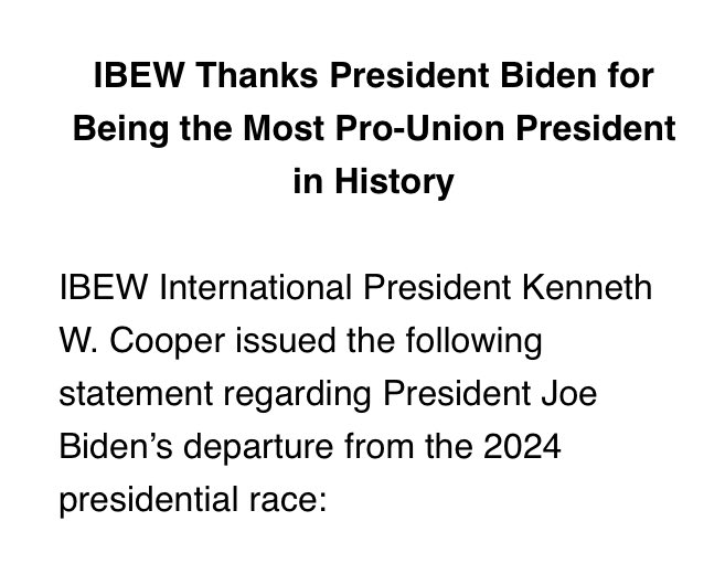 “The working men and women of the United States owe President Joe Biden a great debt of gratitude, and on behalf of the entire membership of the IBEW, I want to thank him for his leadership.” IBEW Pres. Kenny Cooper. ibew.org/media-center/A…