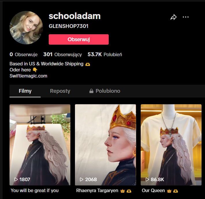 This is slowly getting out of hand. If you could please go and report this account for stealing House of the dragon artwork and putting it on merch without artists permission [including my painting] I would greately appreciate it.
