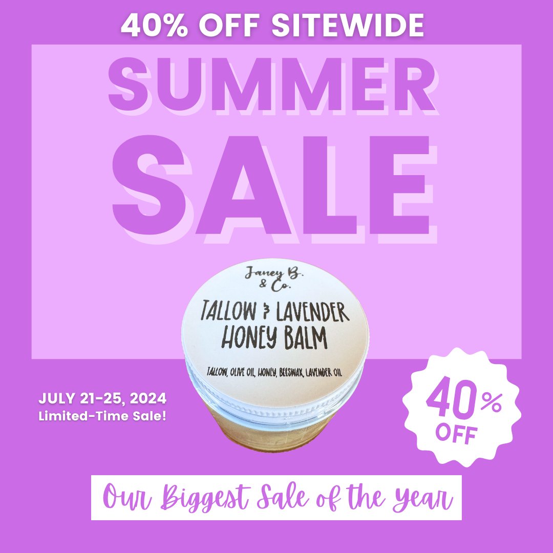 janeybco's tweet photo. 🎉THE SUMMER SALE IS LIVE! 🎉It’s the biggest sale of the year. Everything is 40% off. 🥳 Shop here: https://t.co/J5RF9mLpGD

#eczema #eczemarelief #psoriasis #naturalskincare #tallow #tallowskincare #sunscreen #toothpaste #toothpowder #lavender https://t.co/asXnbYo8ve