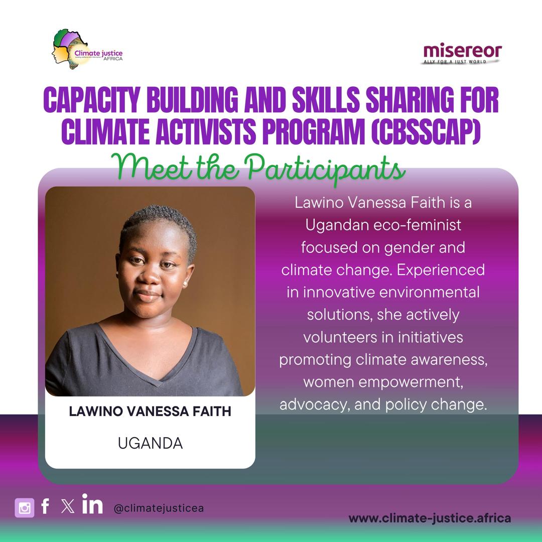 CJusticeAfrica's tweet photo. Meet @LawinoVanessa , a dedicated Ugandan eco-feminist focused on gender and climate change. With experience in innovative environmental solutions, she actively promotes climate awareness, women empowerment, and policy change. #CBSSCAP https://t.co/StSy3gBW8X