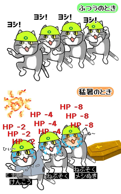 夏場の、毎ターンごとにHPが削られるあの感覚 #現場猫