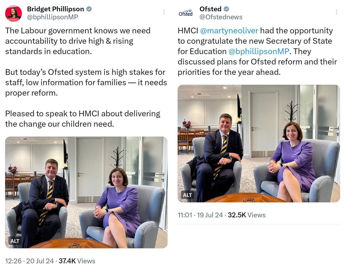 Edmund_B_W's tweet photo. Sir Martyn thought he was visiting Great Smith Street to wish Bridget Phillipson well in her new position. The Secretary of State seems more focussed on the task of reforming Ofsted than an endorsement from its leader. "There are far better things ahead than any we leave behind." https://t.co/vGpMMRqlcw