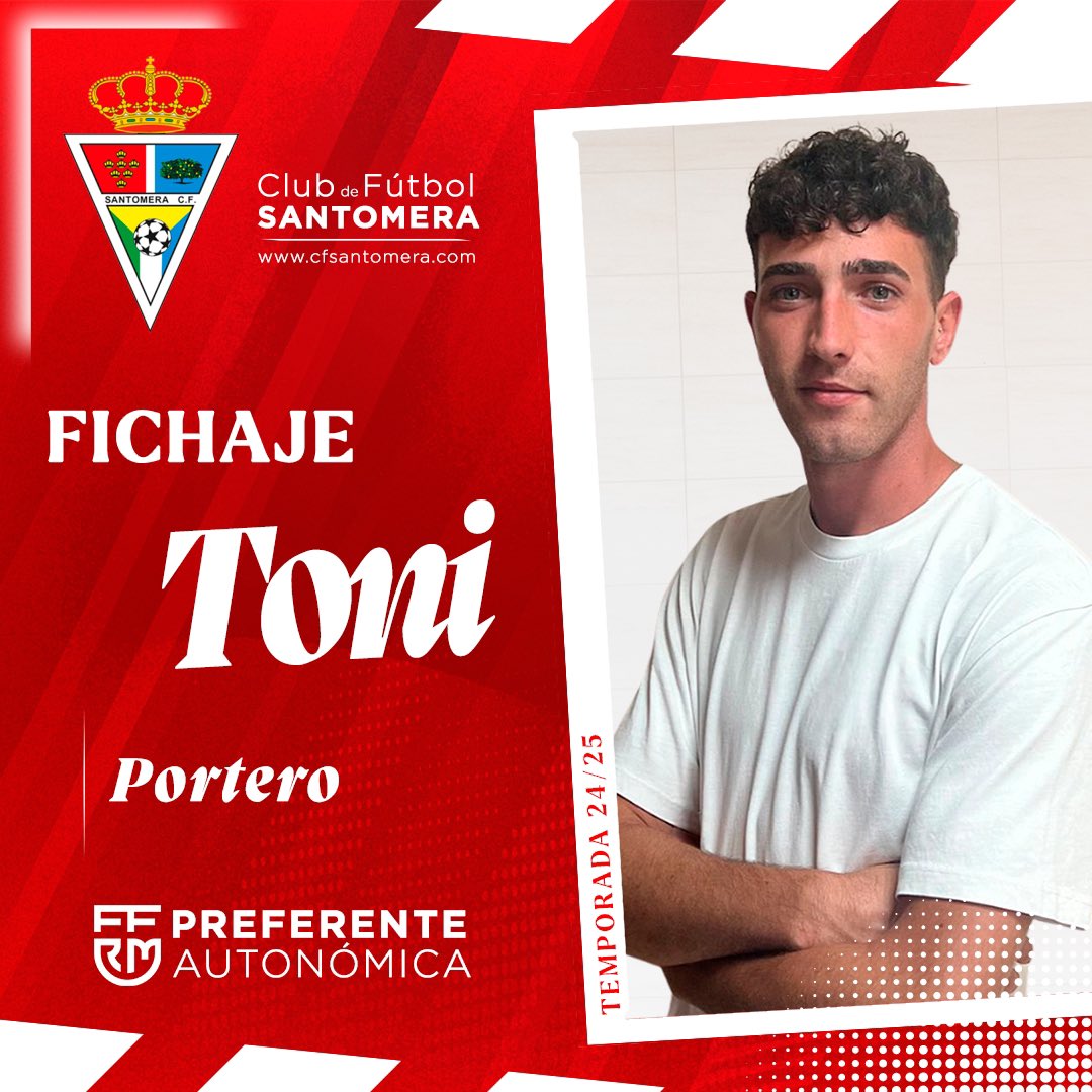 COMUNICADO OFICIAL 🚨|

Toni, fichaje para la portería del Preferente Autonómica 24/25.

El guardameta cuenta con experiencia en Preferente, Copa del Rey y Tercera, donde suma más de 2200 minutos de juego.

Aportará estirada, reflejos y buen desplazamiento.

🍋 #CFSantomera