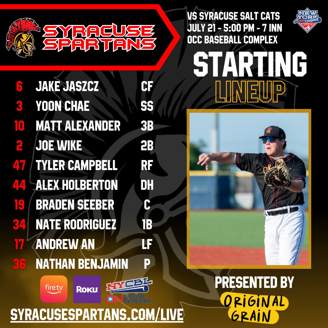 The starting lineup for our regular season finale against the Salt Cats presented by Original Grain.

First pitch is set for 5:00 pm - Tune in on the NYCBL Digital Network on Amazon Fire/Roku or online at syracusespartans.com/live.