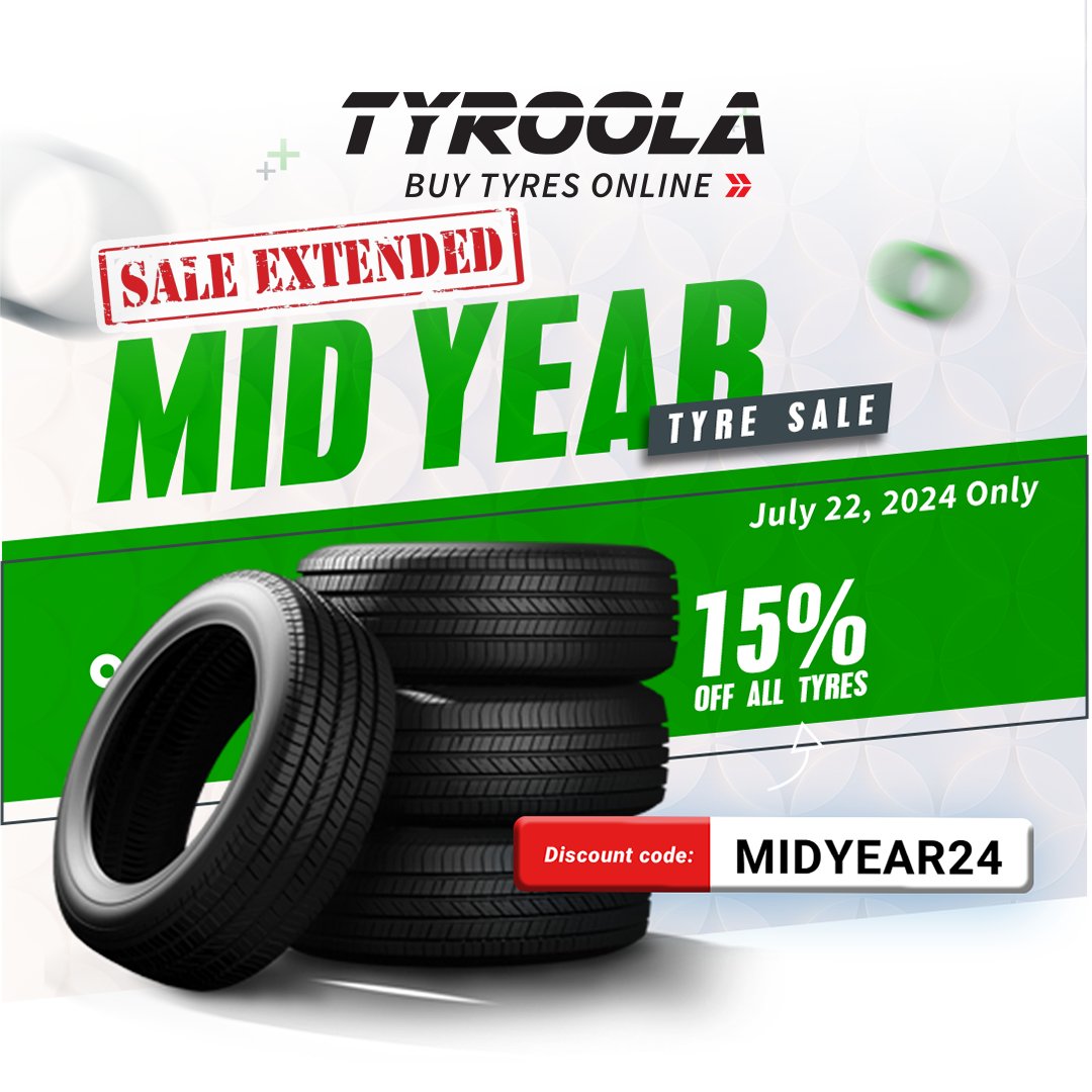We're extending our Mid-Year Tyre Sale!
Enjoy 15% off all tyres until today, July 22, 2024.
Add our Discount Code to your cart: MIDYEAR24
Happy shopping!
bit.ly/3UuBwjQ
#Tyroola #PromoExtended