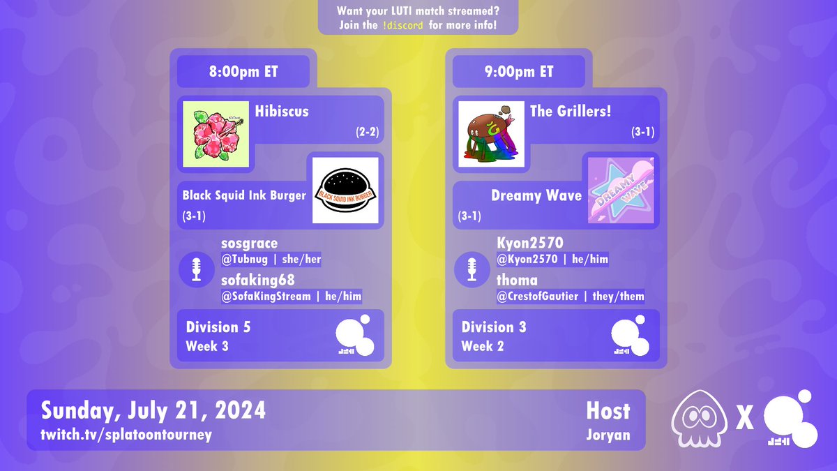 SplatoonTourney's tweet photo. Two doubleheaders tonight to wrap up reschedule week!

On SplatoonTourney:

8:00pm ET
[D5] @HibiscusSpl vs. @BSIBTeam
🎙️@Tubnug &amp; @SofaKingStream

9:00pm ET
[D3] @Grillers_spl vs. @DreamyWave_spl3
🎙️@Kyon2570 &amp; @CrestofGautier

📹@Joryan51

Stream: https://t.co/Or4q61Zfai https://t.co/n35tDIaQcq