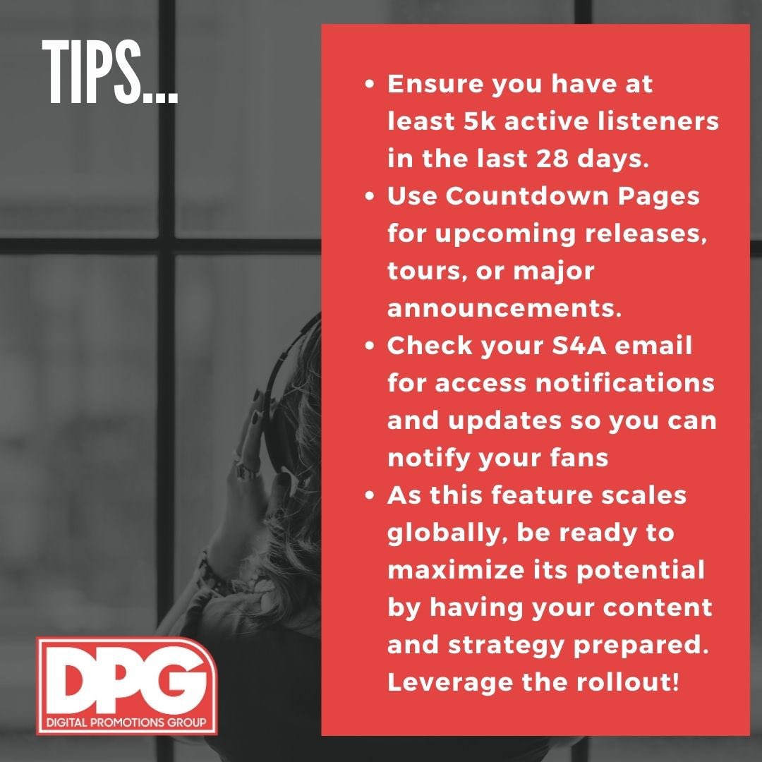 Starting July 24th, Spotify is rolling out Countdown Pages for artists with at least 5,000 active listeners! 🎉 Plan ahead, engage your fans, and build anticipation for your big events. Check your eligibility and get ready!
#SpotifyForArtists #CountdownPages #MusicPromotion