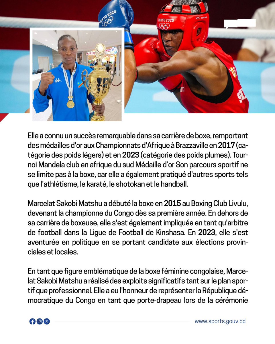 MinSport_Loisir's tweet photo. #TeamDRC Jj-5, Une force de la boxe congolaise s'apprête à briller sur la scène mondiale! Marcelat Sakobi Matshu, championne incontestée, première athlète congolaise à disputer deux olympiades de suite ,portera fièrement les couleurs de la RDC à Paris. 🥊🇨🇩 #Paris2024 https://t.co/W9X0HN77hV