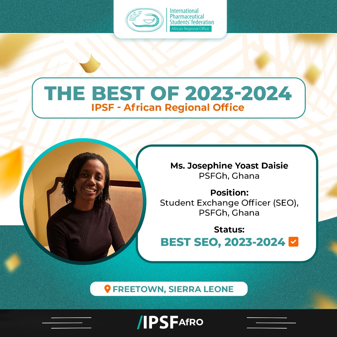 𝐂𝐎𝐍𝐆𝐑𝐀𝐓𝐔𝐋𝐀𝐓𝐈𝐎𝐍𝐒 to Josephine Yoast Daisie of PSFGH - Ghana, IPSF AfRO’s Best Students Exchange Officer for the 2023-2024 mandate.
Your dedication and commitment are greatly appreciated. We celebrate your achievements.

 #AfROCares.
