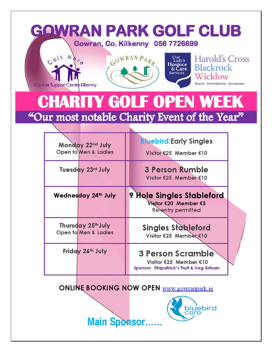 Pink week kicks off in Gowran Park tomorrow with events each day, booking is available via BRS now with all events open to visitors to play also. Thank you to bluebird care as our main sponsor.