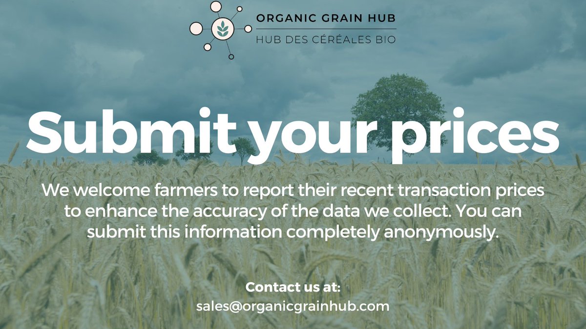 organicgrainhub's tweet photo. Our prices, which are updated twice a month, are collected from Canada’s major certified organic farmers and buyers. We count on you to ensure market transparency and accurate data. 
Submit your price here: https://t.co/fXPzRK3QZH or
contact us at: sales@organicgrainhub.com https://t.co/dc7TUGGNVV