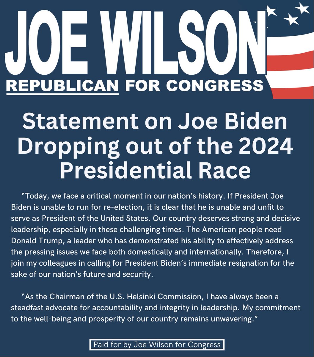 Joe Wilson for Congress (@teamjoewilson) on Twitter photo Statement on Joe Biden Dropping out of the 2024 Presidential Race. Statement on Joe Biden Dropping out of the 2024 Presidential Race.