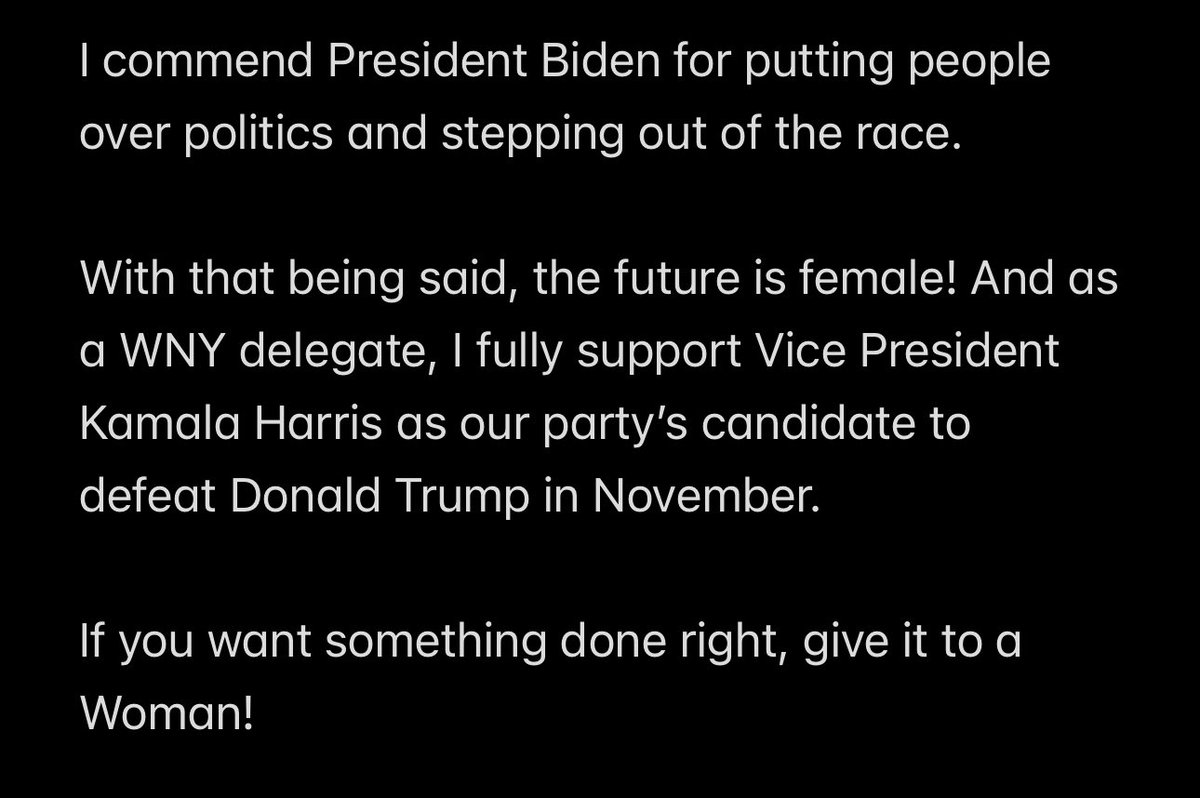 CouncilWomanZE's tweet photo. I commend @JoeBiden for putting people over politics and stepping out of the race. 

With that being said, the future is female! As a delegate, I fully support @KamalaHarris as our party’s candidate to defeat Donald Trump. 

If you want something done right, give it to a Woman! https://t.co/EtP24lfGGp