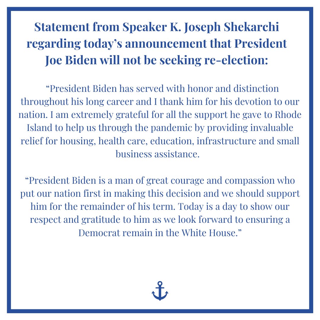 My statement regarding today’s announcement that President Joe Biden will not be seeking re-election:
 
“President Biden has served with honor and distinction throughout his long career and I thank him for his devotion to our nation…..