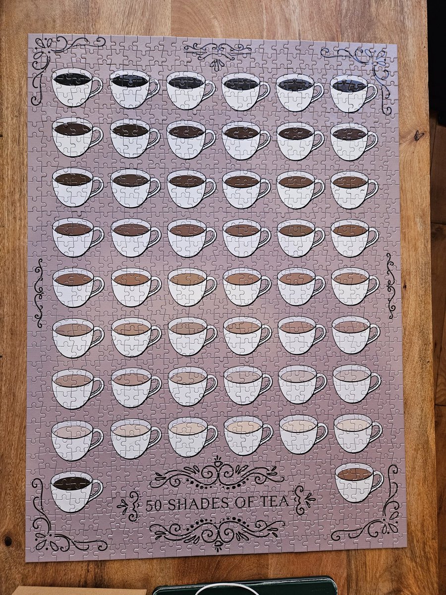 It took 4 of us just over a day (off and on) and a lot of muttered swearing, but we've finished the '50 Shades of Tea' jigsaw from <a href="/SoVeryBritish/">VeryBritishProblems</a>. A worthy opponent, honourably vanquished.