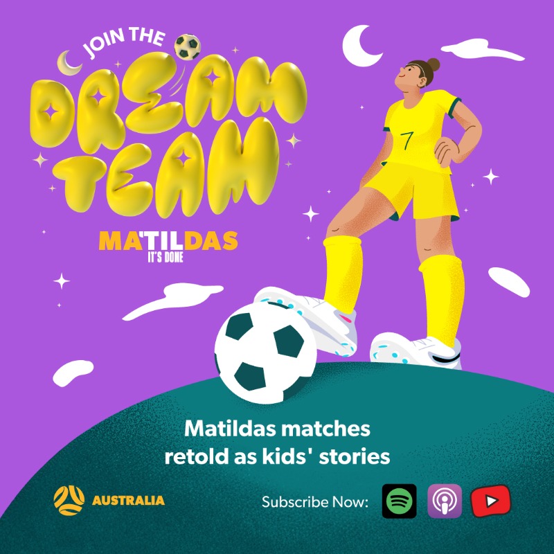 TheMatildas's tweet photo. The Matildas' new podcast just for kids, narrated by @StephCatley. Every inspiring Matildas game from Paris, retold as a children’s story. 

The games are on at 3am AEST, but now kids won’t miss out on the action, just because they’re asleep!

#DreamTeam #TilitsDone #Matildas