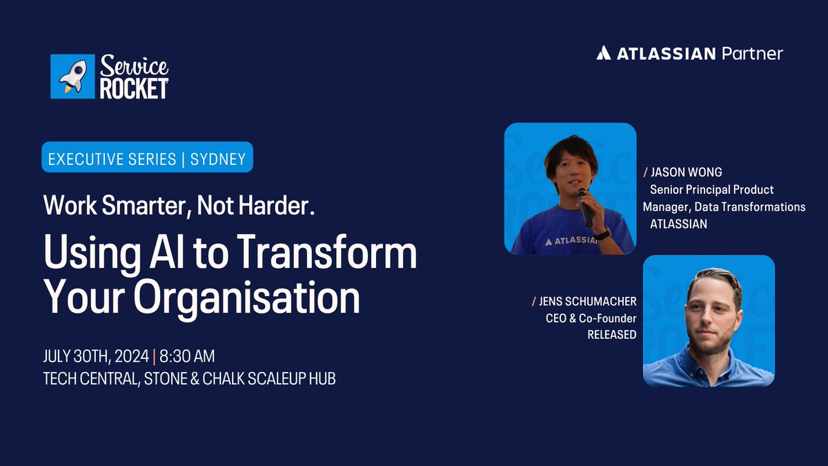 AI is reshaping work! 🤖 Join us for a FREE breakfast event to see how human-AI collaboration drives efficiency and innovation. Insights from Jason Wong (<a href="/Atlassian/">Atlassian</a>), Jens Schumacher (@Released_so), and Anna Fitzgerald (<a href="/ServiceRocket/">ServiceRocket</a>). Limited spots ➡️ bit.ly/3xV4LFh