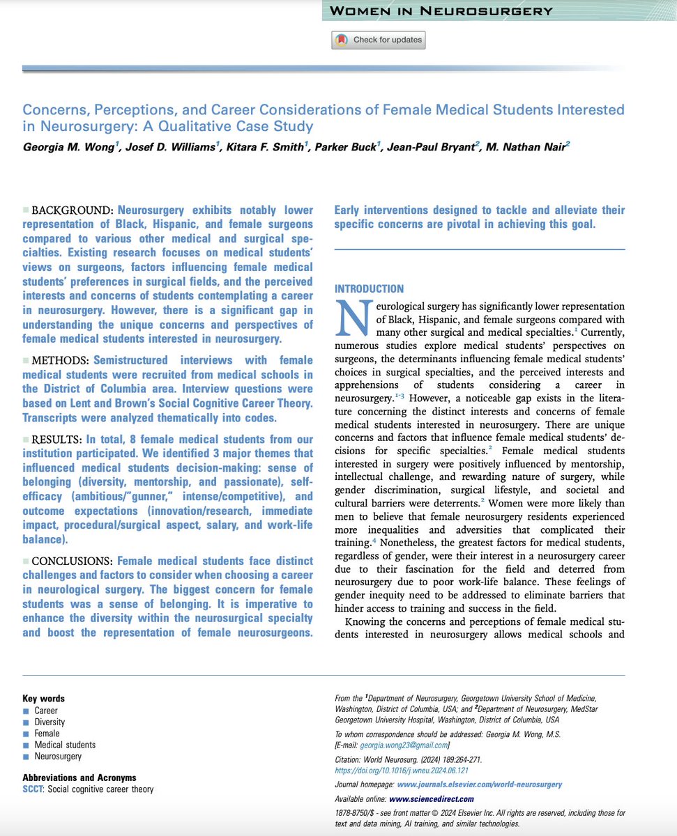 GeorgiaMWong's tweet photo. From being discouraged from pursuing surgery in college to now applying into neurosurgery, excited to share our paper highlighting concerns/perceptions female med students have about neurosurgery and how we can support them! #neurosurgery @med_josef @JeanPaulBryant @kitaras123_ https://t.co/r1MiWZGeDt