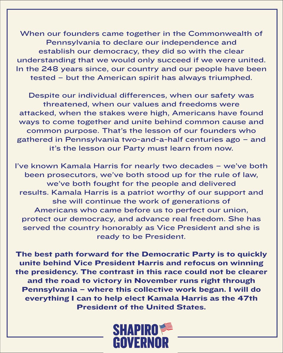 Josh Shapiro (@joshshapiropa) on Twitter photo The contrast in this race could not be clearer and the road to victory in November runs right through Pennsylvania – where this collective work began.
I will do everything I can to help elect <a href="/KamalaHarris/">Kamala Harris</a> as the 47th President of the United States. The contrast in this race could not be clearer and the road to victory in November runs right through Pennsylvania – where this collective work began.
I will do everything I can to help elect <a href="/KamalaHarris/">Kamala Harris</a> as the 47th President of the United States.