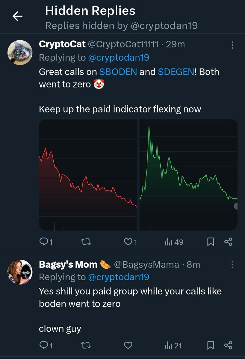 Ayayribazz's tweet photo. @cryptodan19 When u see flexing by paid group leaders, first thing is to go see what the hidden replies are saying

There's always a story there 

If these people didn't scam they wouldn't hide replies https://t.co/8VNrhiwUpt
