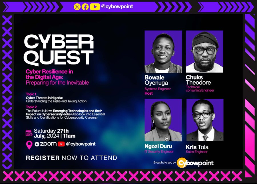 Mr. Patrick Essien (@cybersecfalcon) on Twitter photo Join the Cyber Quest 1.0 live webinar! Be among the first 100 participants to gain access to the Zoom room for live interaction with the speakers, while others can watch on YouTube Live. Our own CTO <a href="/OnijeC/">Cisco Nerd</a> will be sharing knowledge as a speaker. Register Join the Cyber Quest 1.0 live webinar! Be among the first 100 participants to gain access to the Zoom room for live interaction with the speakers, while others can watch on YouTube Live. Our own CTO <a href="/OnijeC/">Cisco Nerd</a> will be sharing knowledge as a speaker. Register