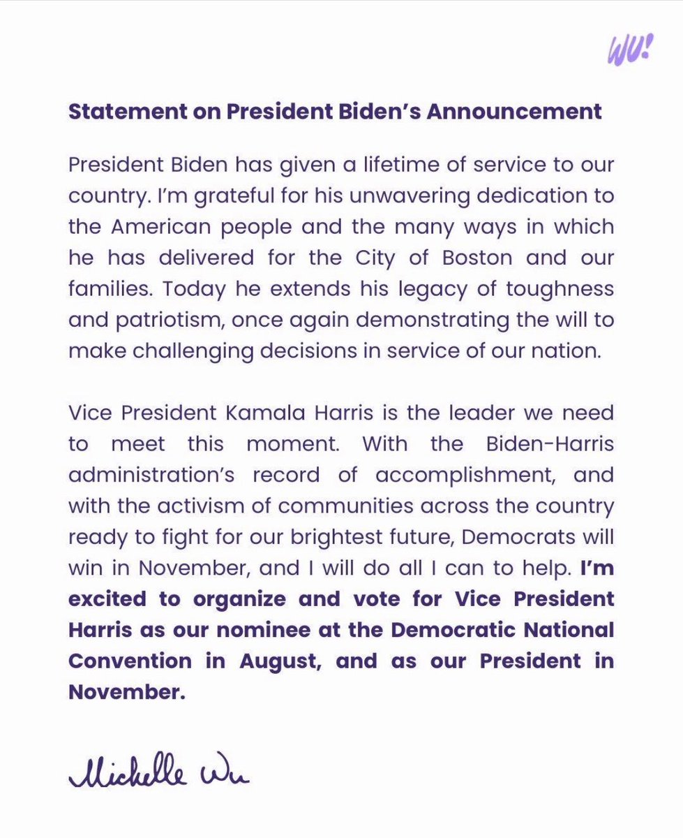 Lisa Kashinsky (@lisakashinsky) on Twitter photo Boston Mayor <a href="/wutrain/">Michelle Wu 吳弭</a> endorses VP Kamala Harris as the Democratic nominee: Harris is “the leader we need to meet this moment.” #mapoli #bospoli Boston Mayor <a href="/wutrain/">Michelle Wu 吳弭</a> endorses VP Kamala Harris as the Democratic nominee: Harris is “the leader we need to meet this moment.” #mapoli #bospoli