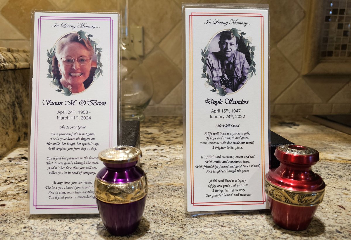msande24's tweet photo. We're doing an inurnment for my parents this week. I made laminated and double-sided memorial cards for a keepsake. The colors of the borders matched the mini urns I bought to keep some of their ashes with me. #grief #loss #imissyou #memorials https://t.co/OQoXx7wTIO