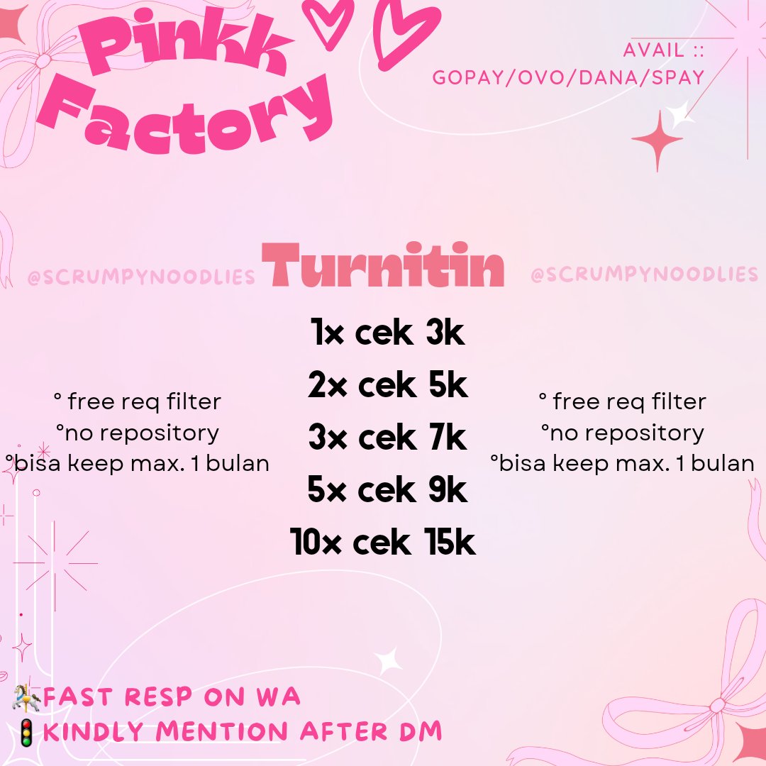 Ada yang baruu~
🌺🍨 selain streaming di pinkk factory udah bisa cek turnitin juga loohh dijamin trusted &amp; bergaransi
cusss order via WA (fast resp) &amp; dm (tolong mention)

🎀happy shopping🎀

☆WA : wa.me/message/XDFSR3…
☆TESTI : drive.google.com/drive/folders/…

#Zonajajan #zonauang