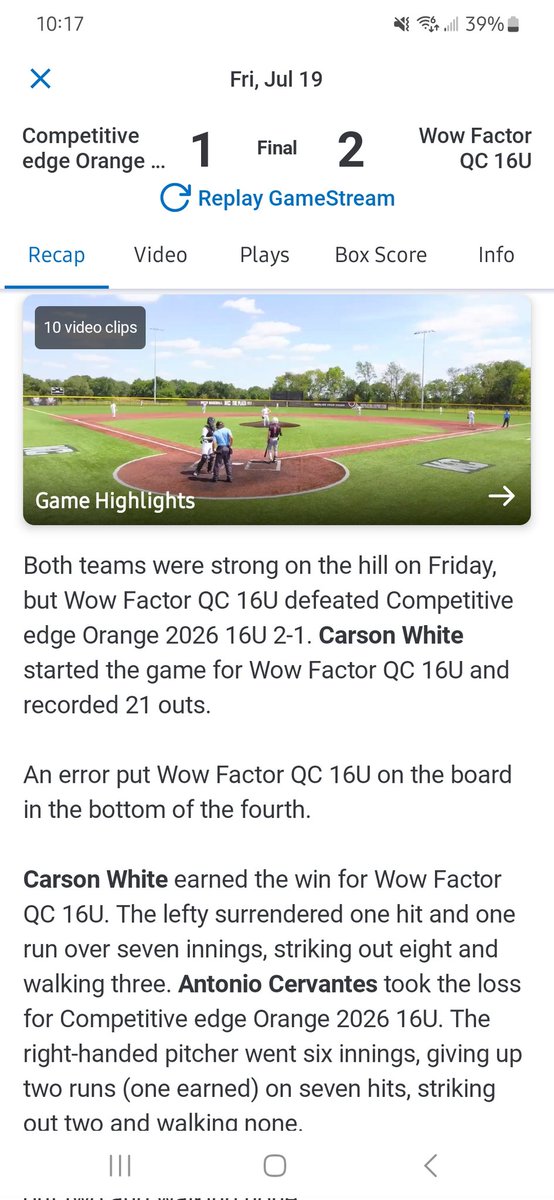 Congrats to Carson White on his 1 hit 8 K W Friday in KC for the Wow Factor QC 16U!! Keep dealing lefty!!!