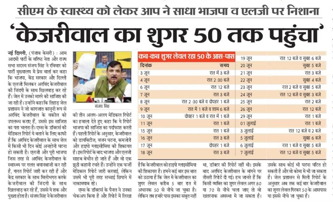 BJP कर रही CM केजरीवाल की सेहत से खिलवाड़❗️

🔹 BJP के LG के इशारे पर जेल में अरविंद केजरीवाल की तबीयत से खिलवाड़ किया जा रहा है 

🔹 जेल प्रशासन द्वारा जारी मेडिकल रिपोर्ट में इस साज़िश का खुलासा हुआ है 

🔹 केजरीवाल जी का Sugar level कई बार 50 के नीचे गया है 

BJP, LG और मोदी