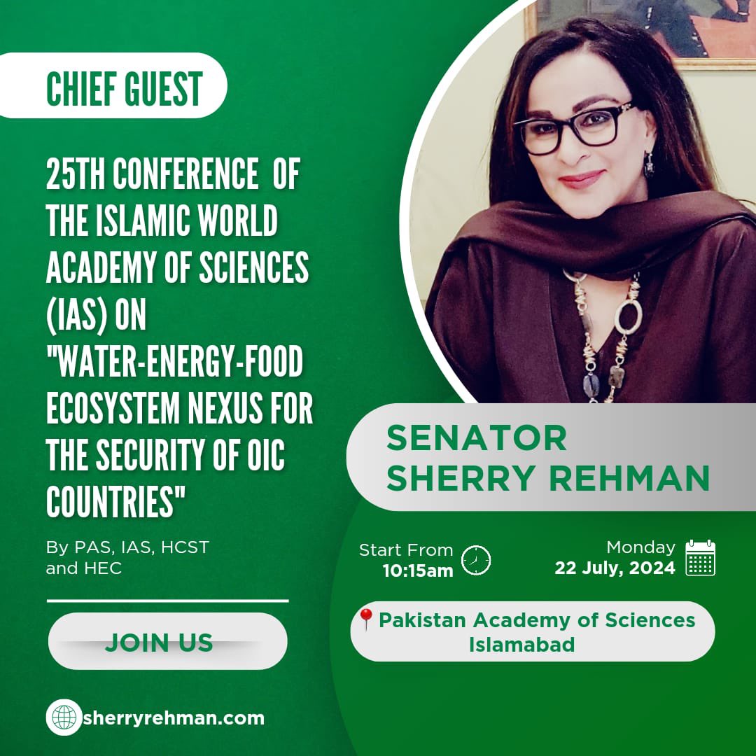 sherryrehman's tweet photo. #ClimateEvent: Water, energy and food systems are a nexus we take for granted. They power daily human lives across the world and have a special impact on regions where cooperation is needed to harvest optimal,coordinated solutions for a sustainable future. A decision made for one sector impacts another immediately. Time to look at these frameworks and regions with an integrated lens. Thank you to both Pakistan Academy of Sciences & Islamic World Academy of Sciences for this unique collaboration today.