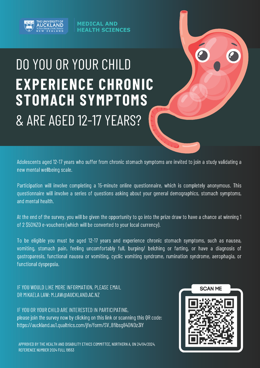 ✨Young people aged 12-17 yrs with chronic stomach symptoms, including nausea, vomiting, belching, and gastroparesis, are invited to complete a 15 min online, anonymous questionnaire✨

See the image for more details or access the survey now: t.ly/_8pub