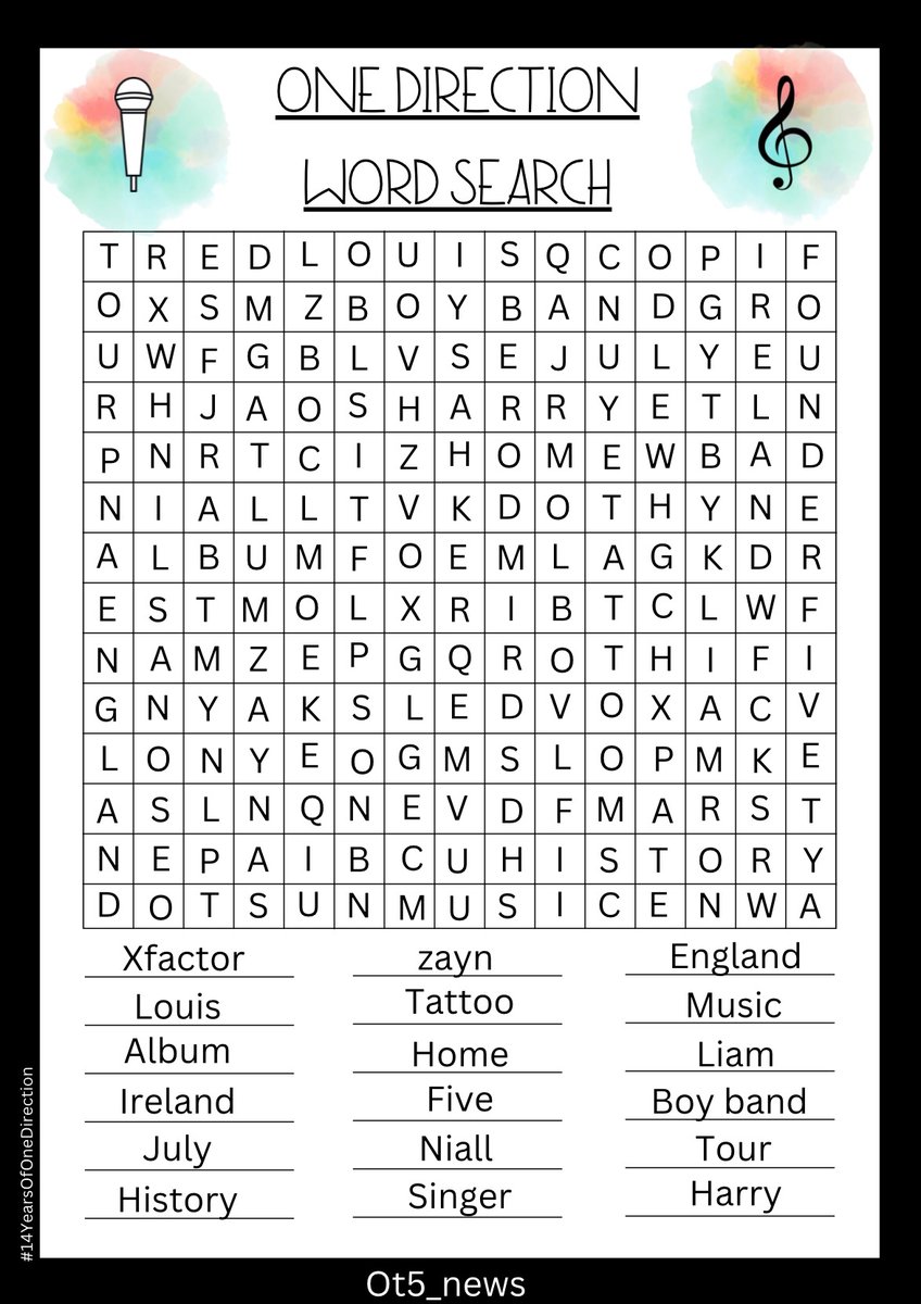 OT5_news's tweet image. 🩵💚🧡💛❤️

Join in on the fun&amp;amp;games to celebrate  One Directions 14th anniversary! 

GAME TIME!🧩

One Direction Word Search!

Quote tweet and comment with your completed Word Search!

#14YearsOfOneDirection
@1DDailyPlanet @OT5loveupdate