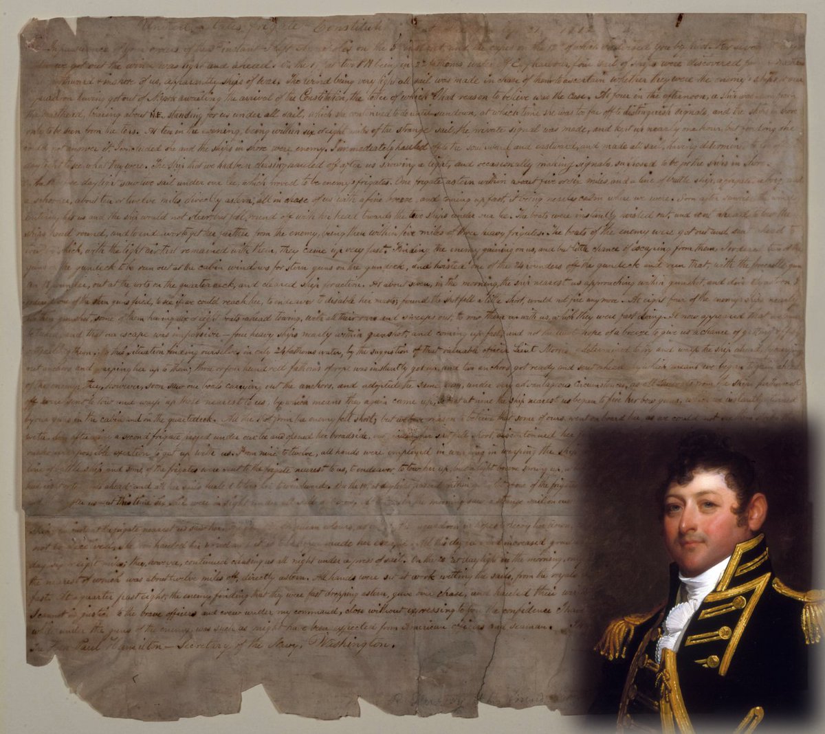 USSConstMuseum's tweet photo. #OnThisDay USS CONSTITUTION Captain Isaac Hull wrote to Sec. Navy Paul Hamilton, "I cannot in justice to the brave officers and crew under my command, close without expressing to you the confidence I have in them...." 🇺🇸 ⚓  Read the letter: https://t.co/HXgBeJIIC9  #GreatChase https://t.co/x1MVxs8NwT