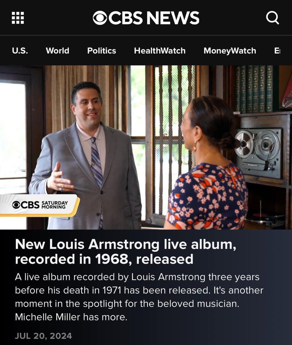JJA Jazz News (@jjajazzawards) on Twitter photo Great to see <a href="/CBSNews/">CBS News</a>’ 8 minute segment about new <a href="/LouisArmstrong/">Jack Armstrong</a> release, featuring interview by Michelle Miller with <a href="/RickyRiccardi/">Ricky Riccardi</a> - Louis Armstrong Historian!
Here’s hoping for more jazz coverage.
Watch: cbsnews.com/video/new-loui… Great to see <a href="/CBSNews/">CBS News</a>’ 8 minute segment about new <a href="/LouisArmstrong/">Jack Armstrong</a> release, featuring interview by Michelle Miller with <a href="/RickyRiccardi/">Ricky Riccardi</a> - Louis Armstrong Historian!
Here’s hoping for more jazz coverage.
Watch: cbsnews.com/video/new-loui…