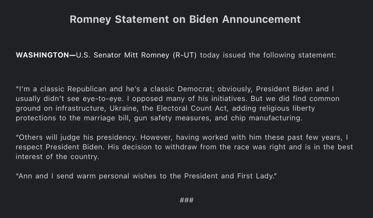 Romney with a verrrry different statement on Biden than the rest of his party