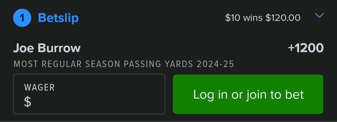 FadeTheJuice's tweet photo. Futures ALERT 

NFL league leader in passing 

Joe (Burreaux) Burrow (+1200)

#futures #gambling #nflbets https://t.co/CfDBhYsmM8