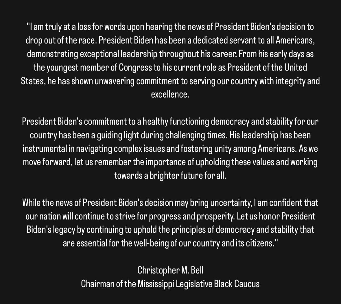 Statement from Chairman Christopher M. Bell (D)-Jackson regarding President Joe Biden.