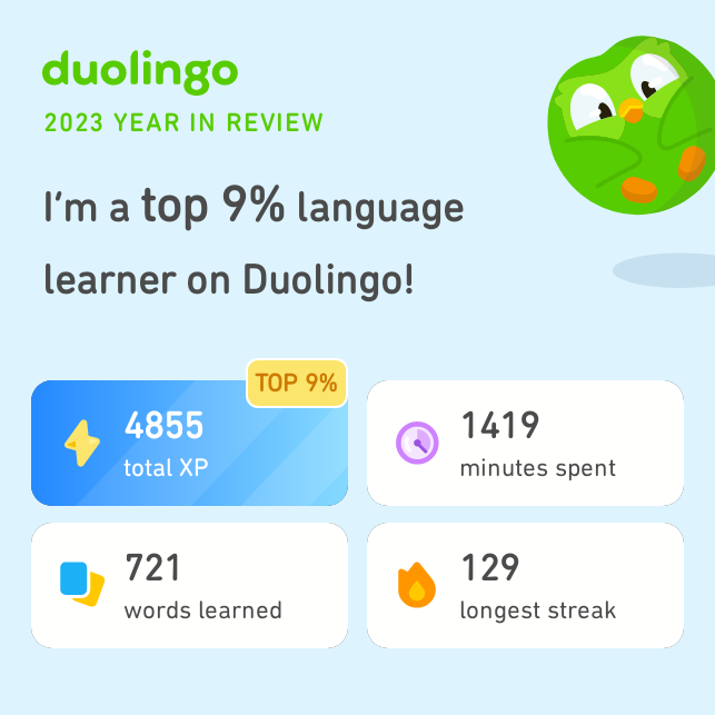 ajorundontega's tweet photo. Look how much I learned on Duolingo in 2023! How did you do? #Duolingo365 https://t.co/qRhANOiCOd