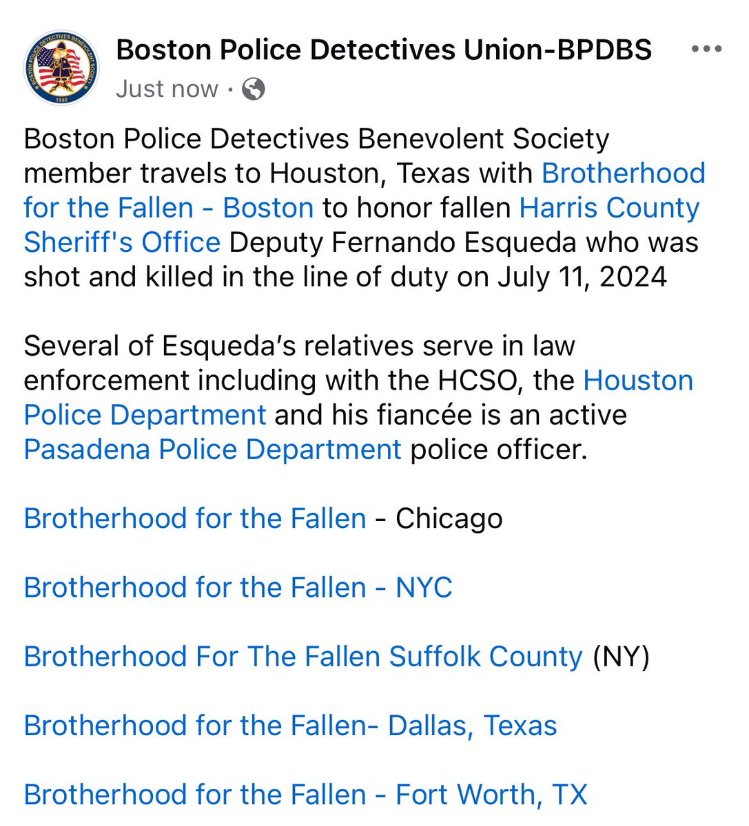 BPDBS member travels to Houston, TX with <a href="/Bftfboston/">Brotherhood for the Fallen-Boston</a> to honor fallen <a href="/HCSOTexas/">HCSOTexas</a>  Deputy Fernando Esqueda who was shot &amp; killed in the line of duty on July 11
Esqueda’s relatives serve in law enforcement including with HCSO <a href="/houstonpolice/">Houston Police</a> fiancée is active <a href="/PasadenaPDTX/">Pasadena Police Department</a>