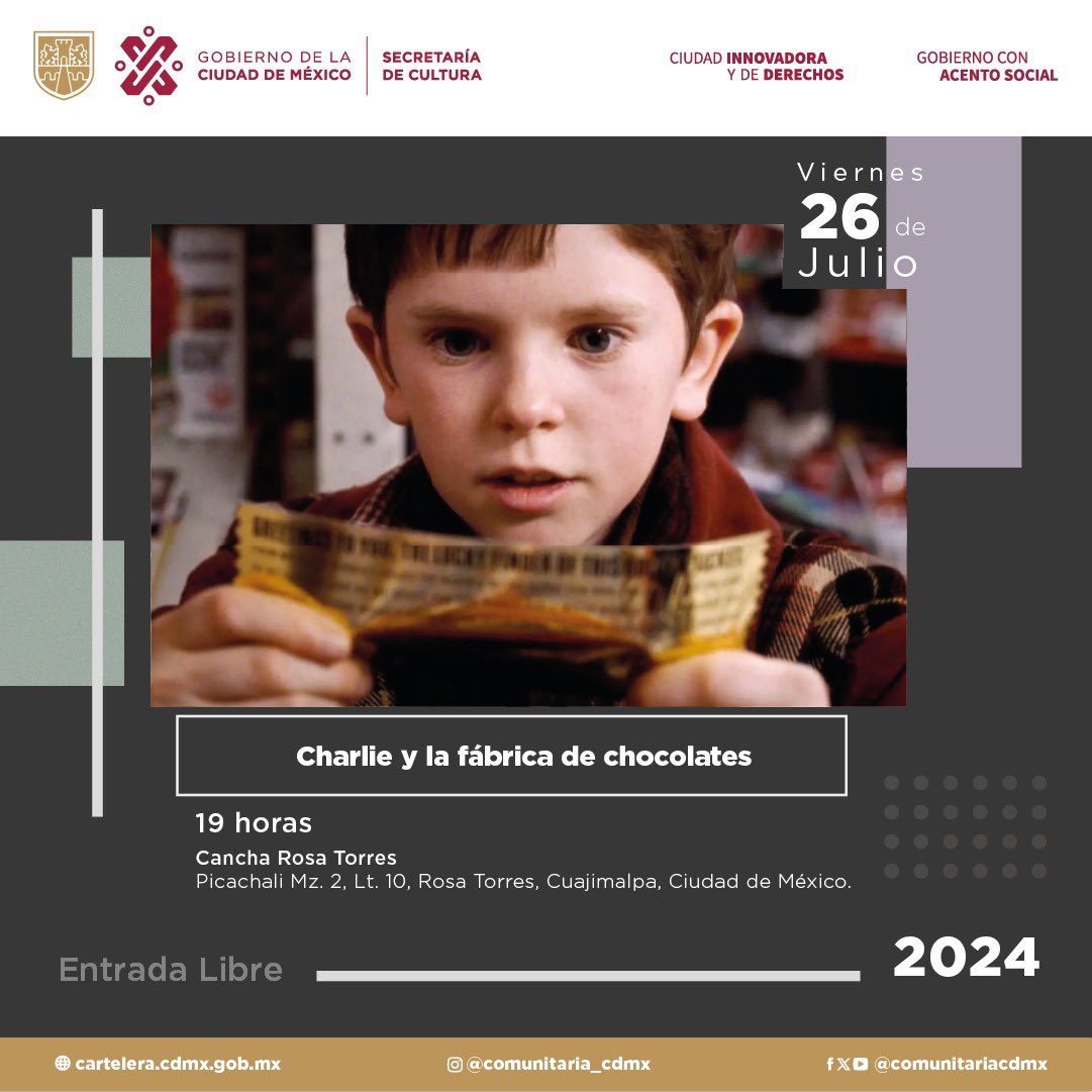 ComunitariaCdMx's tweet photo. La #CarteleraCulturalComunitaria, del 22 al 28 de julio, presenta una serie de actividades que incluyen la inauguración de una nueva sede de la #RedDeLibroClubes, ademas de la proyección de la película “Charlie y la fábrica de chocolates”.

Secretaría de @CulturaCiudadMx https://t.co/zg0YYrH0Go